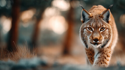 Obraz premium Lynx walks through forest during sunset. A lynx moves quietly through the forest during sunset. Trees surround the pathway as light fades.
