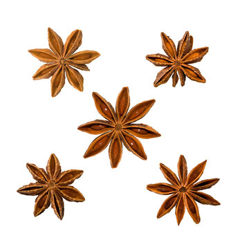 Star anise spice displayed  with different arrangements showing the shape and form of the spice pieces isolated on transparent background, PNG file