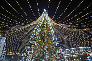 KALININGRAD, RUSSIA - JANUARY 12, 2026: New Year tree and glowing scenery on Victory Square