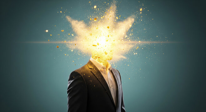 A businessman with a particle dust explosion head, perfect for mental disintegration, stress, and abstract art plans