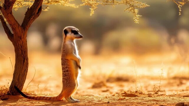 A vigilant meerkat stands alert in the African savanna, scouting its surroundings before moving across the sunlit desert landscape at sunset.