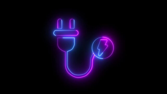 abstract glowing pink and blue colour neon sing charger icon animation on black background.4k video