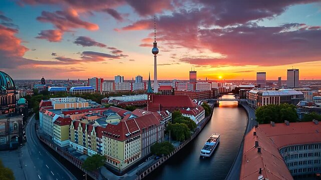 aerial drone shot of berlin skyline with tv tower and spree river at sunset germany video