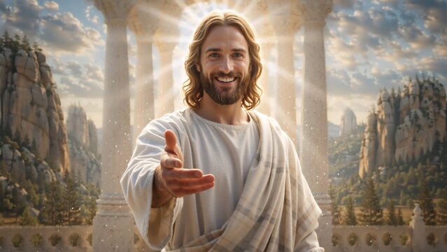 Smiling Jesus Christ reaching out hand in heavenly paradise with pillars. Divine Savior welcoming believers. Religious concept of hope and salvation