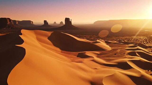 Vast desert landscape with towering rock formations at sunset