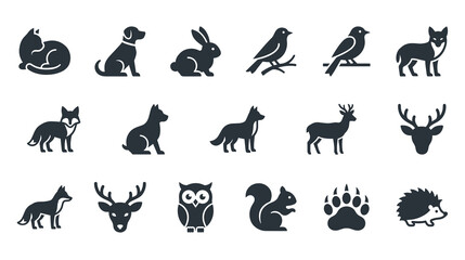 Obraz premium Collection of black animal silhouettes including domestic pets and wild forest creatures like deer fox owl squirrel and hedgehog for design projects