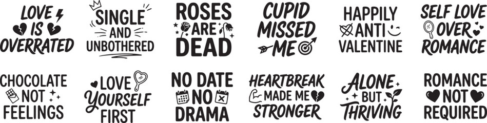 Naklejka premium Anti Valentine Quotes Hand Lettered Typography SVG Set With Single Love Sayings