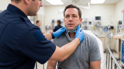 Obraz premium Medical worker fitting cervical collar on injured man in medical setting
