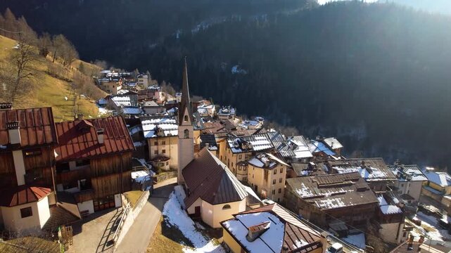Alpine Winter Aesthetics: Cinematic 4K Reveal of Fornesighe Village, Slow Drone View from Historic Church to Wooden Chalets, Soft Morning Sunlight, Val di Zoldo Dolomites, Cortina Region 