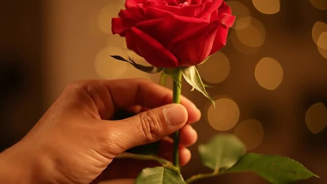 hand holding red rose with warm bokeh lights symbolizing love romance and valentine gift