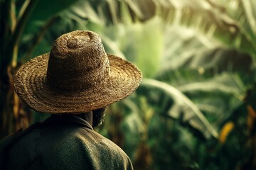 farmer in a straw hat walks through a lush banana plantation, surrounded by tall green leaves, golden fruit.  The scene captures rural life and nature&rsquo;s tranquility