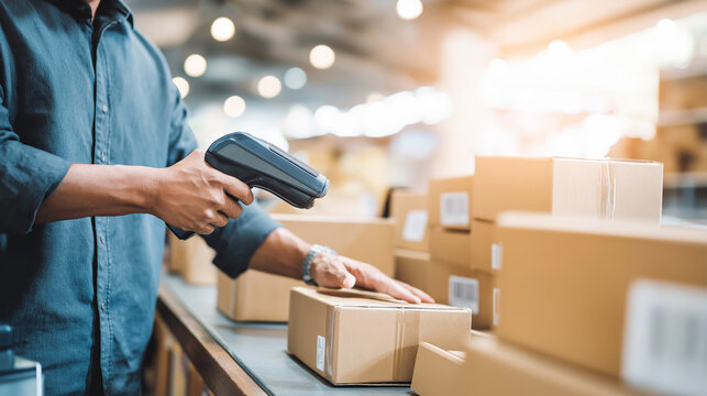 Person scanning barcode on cardboard package with handheld scanner, managing inventory and logistics in warehouse or retail
