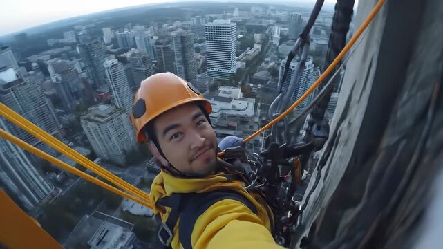 A man in a helmet and harness smiles at the camera while rappelling down a high-rise building, capturing an urban adventure high above the bustling city.