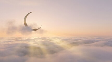 Dreamy Dawn Cloud Sea with Floating Golden Crescent in Mist, Volumetric Light, Copy Space