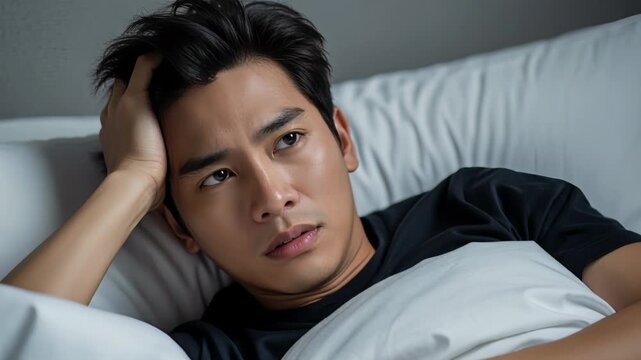 young asian man lying on bed looking pensive in bedroom with white bedding at night