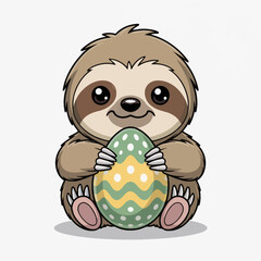 Obraz premium A cheerful sloth is holding a colorful Easter egg with a zigzag pattern.