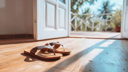 Obraz premium Brown sandals waiting by an open balcony door, sunlight warming the wooden floor and creating a welcoming leisure scene