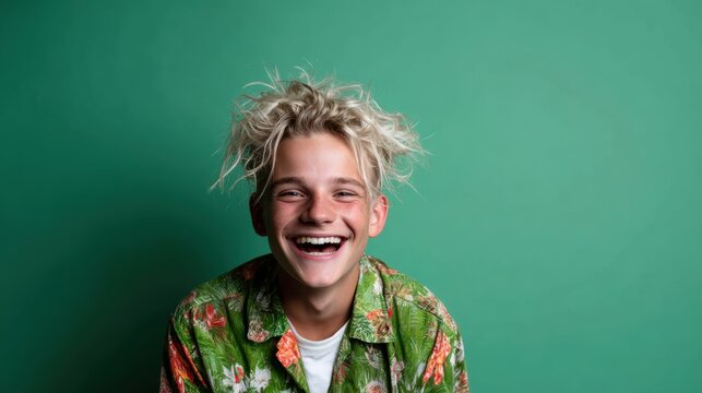 A joyful young boy with messy hair and a bright floral shirt, sitting against a green background, radiating happiness and innocence with his large infectious smile.