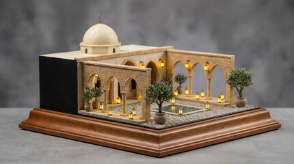 Premium 3D Miniature Mosque Diorama with Dome, Arches and Hanging Lanterns, Gradient Copy Space