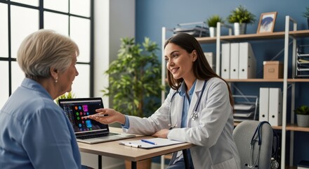 Obraz premium Doctor discussing patient data on a laptop in a modern medical office setting with a professional atmosphere.