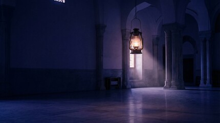Empty Prayer Hall at Blue Hour with Single Lantern Glow and Dust Motes, Cinematic Copy Space
