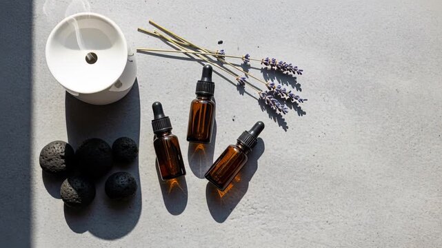 essential oils with lavender and diffuser for relaxing aromatherapy on a sunny day