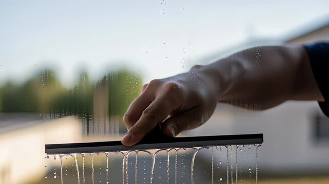 close-up of hand cleaning window with squeegee on a sunny day creating a streak-free finish