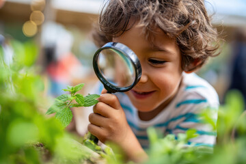 Child exploring nature with a magnifying glass