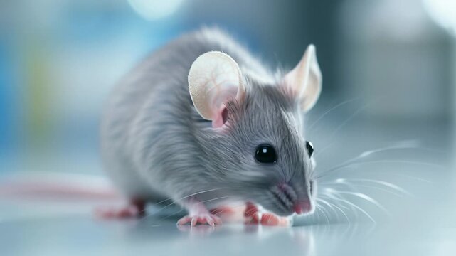 white mouse on glossy surface exploring lab bench, delicate whiskers twitching while nibbling and sniffing, soft fur backlit by warm bokeh lights, shallow depth