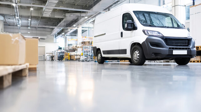 White delivery van performing logistica and cargo transport in a large modern warehouse building with storage pallets