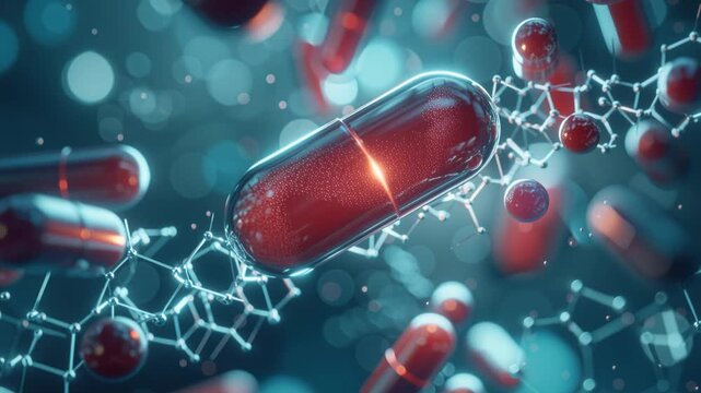 Red capsule floating among white tablets, macro clinical close-up showing translucent gelatin shell filled with red granules and beads, soft cinematic bokeh,
