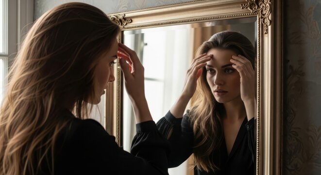 A woman gently touches her forehead while gazing at her reflection in an ornate mirror.