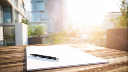 Obraz premium Blank paper and pen resting on wooden surface with urban background, representing new ideas and outdoor work