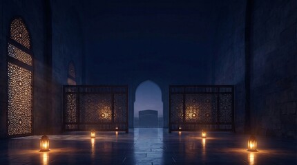Moody Grand Mosque&ndash;Inspired Scene with Geometric Lattice Light and Minimal Kaaba Silhouette, Cinematic Copy Space