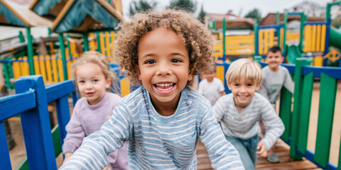 Obraz premium Happy multi ethnic children playing on playground, smiling and running outdoors, having fun together