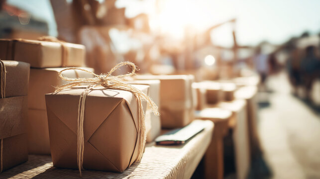 Brown paper parcels with twine for sale on an outdoor market stall, representing handmade gifts and retail