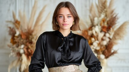 A young woman exudes elegance and style against a backdrop of dried flowers, combining the beauty of fashion with natural aesthetics in a serene atmosphere.