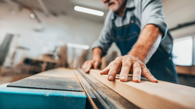 Senior carpenter cutting wood plank on table saw, hands guiding timber, showcasing craftsmanship and woodworking skill