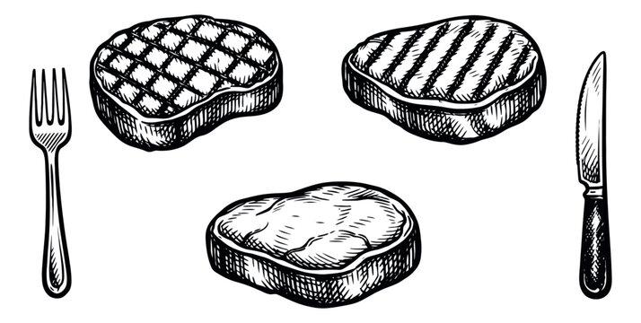 Hand drawn line art steak set featuring grilled meat, a raw cut, fork, and knife for restaurant menus