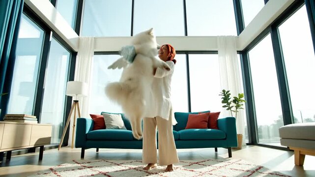 Red haired woman plays with white Samoyed dog wearing angel wings in bright living room. Scene captures pure joy and unconditional love. Ideal for pet care, lifestyle and holiday marketing.