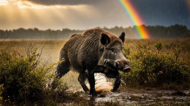Wild boar running through a wet field with splashing water under a rainbow, concept of nature and wild animals