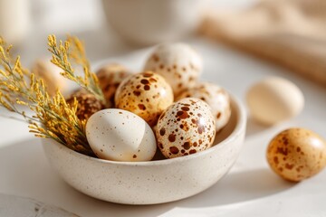 Speckled quail eggs in ceramic bowl