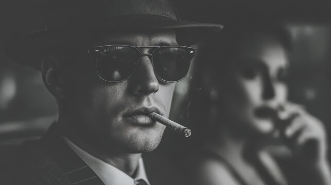Vintage man in fedora and sunglasses smoking a cigarette in a car with a woman behind