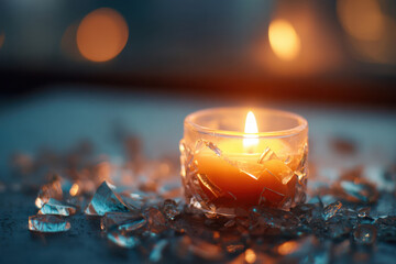 Lit candle in textured glass with scattered shards