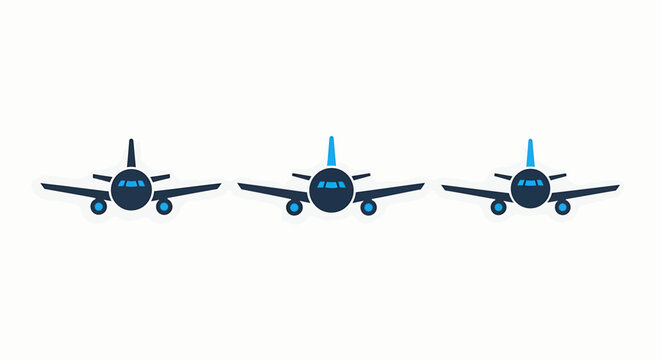 Multiple airplanes in flight, front view. Symbolizing travel, aviation, transport, and journeys. Clean blue and dark illustration.