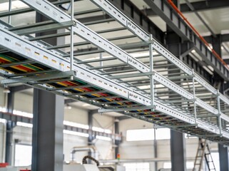 Industrial cable trays with colorful wires neatly organized for efficient power distribution
