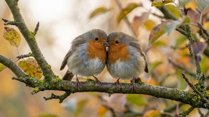Fototapeta premium Two Birds Sitting Together on Branch Symbolizing Love