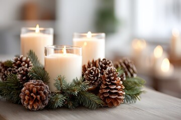 Cozy candles with pine cones and greenery