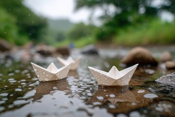 Paper boats floating in a serene forest stream
