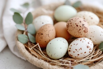Speckled bird eggs in a small nest